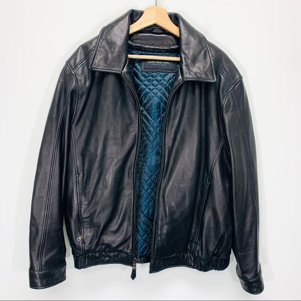 ANDREW MARC NEW YORK Black Leather Bomber Jacket 2-in-1 Mens LARGE NEW NWT - Picture 2 of 8